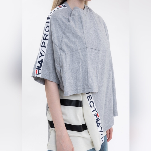 Grey And Ecru Y/Project x FILA Reversible Stipe T-Shirt - Picture 5 of 5